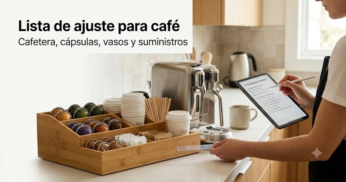Organizador para estación de café comprobado junto a la zona de cafetera, cápsulas, vasos, tapas y suministros