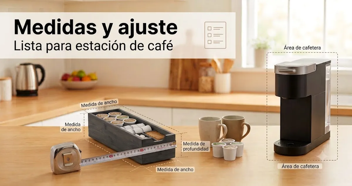Organizador para estación de café medido para comprobar su ajuste en la encimera junto a vasos, cápsulas y una zona de cafetera