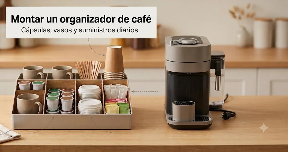 Organizador para estación de café colocado junto a una cafetera con cápsulas, vasos, condimentos y suministros de uso diario