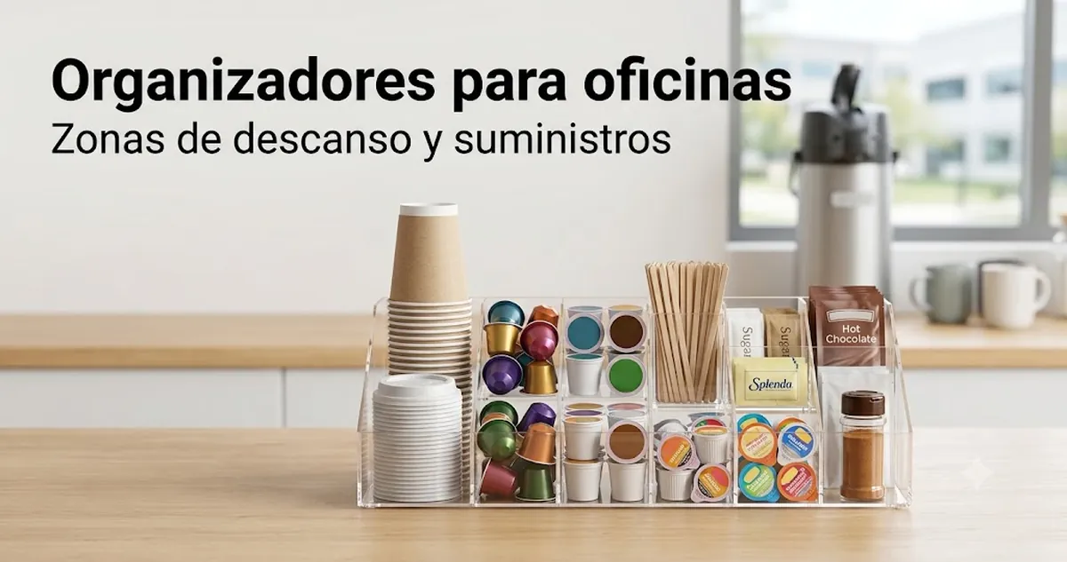 Organizador para estación de café en una zona de descanso de oficina con vasos, tapas, cápsulas, removedores y condimentos compartidos