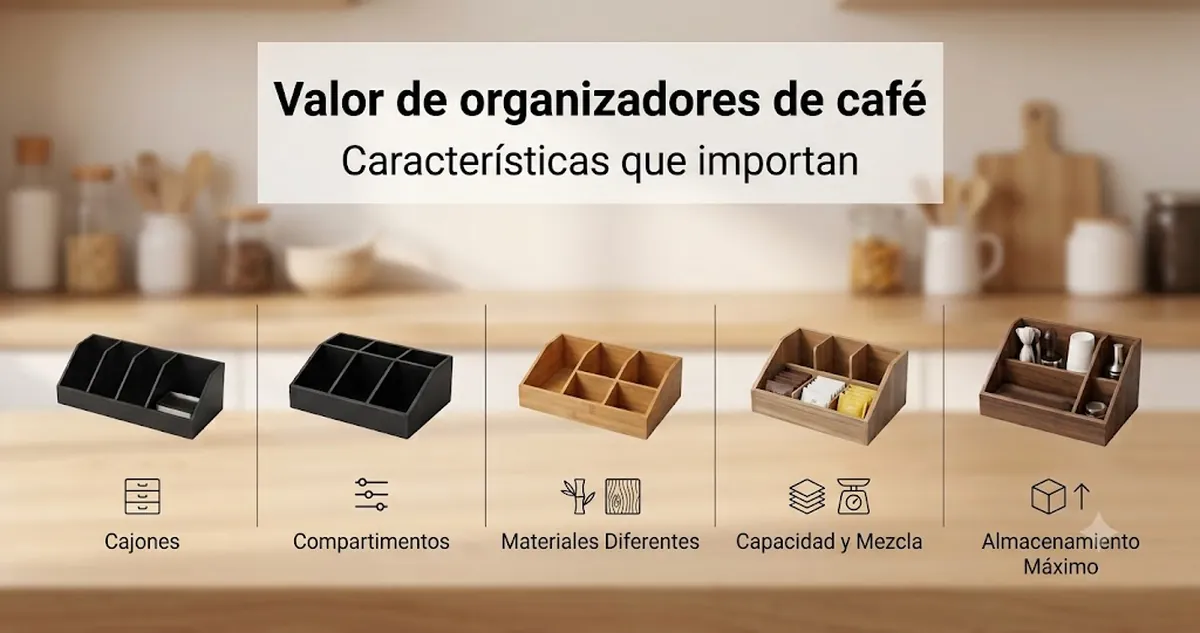 Comparación de características de organizadores para estación de café con cajones, compartimentos, materiales y capacidad de almacenamiento