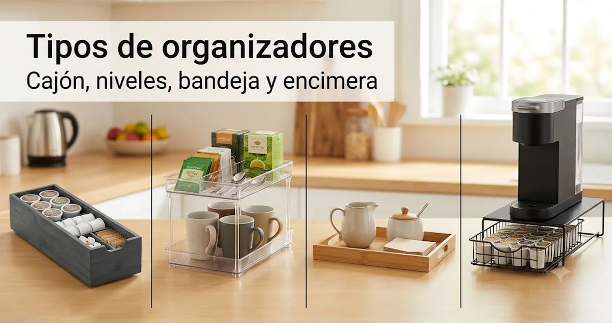 Distintos tipos de organizadores para estación de café, con cajón, por niveles, de bandeja y de encimera