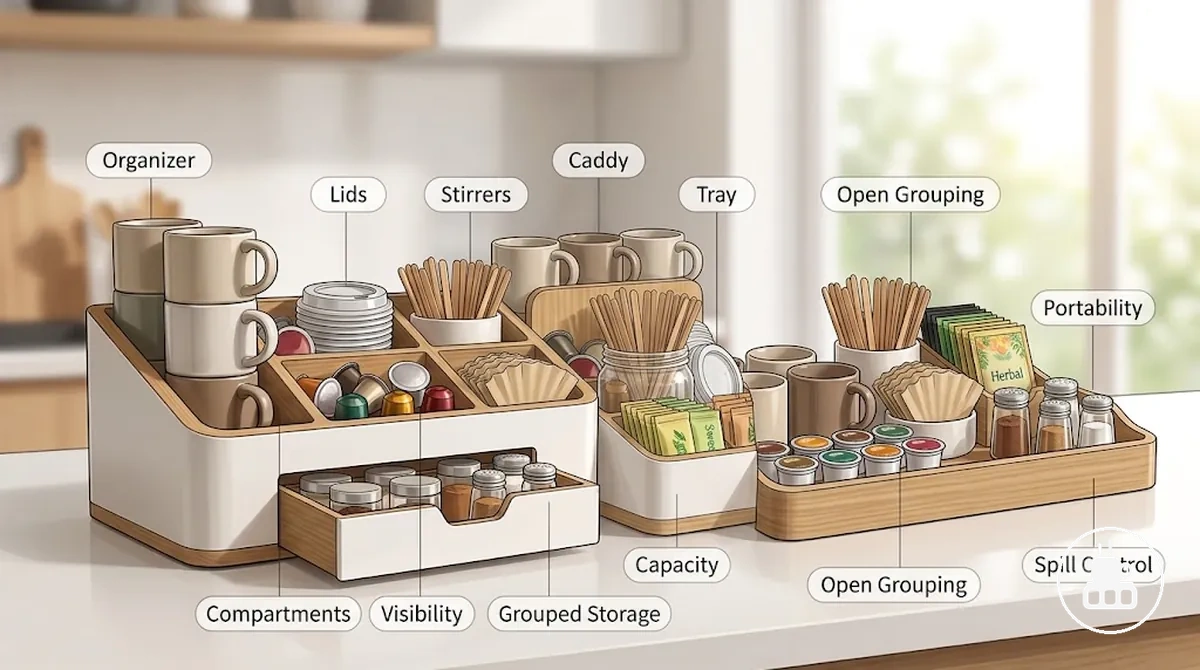 Comparaison du contrôle du stockage entre un organiseur, un caddy et un plateau pour coin café