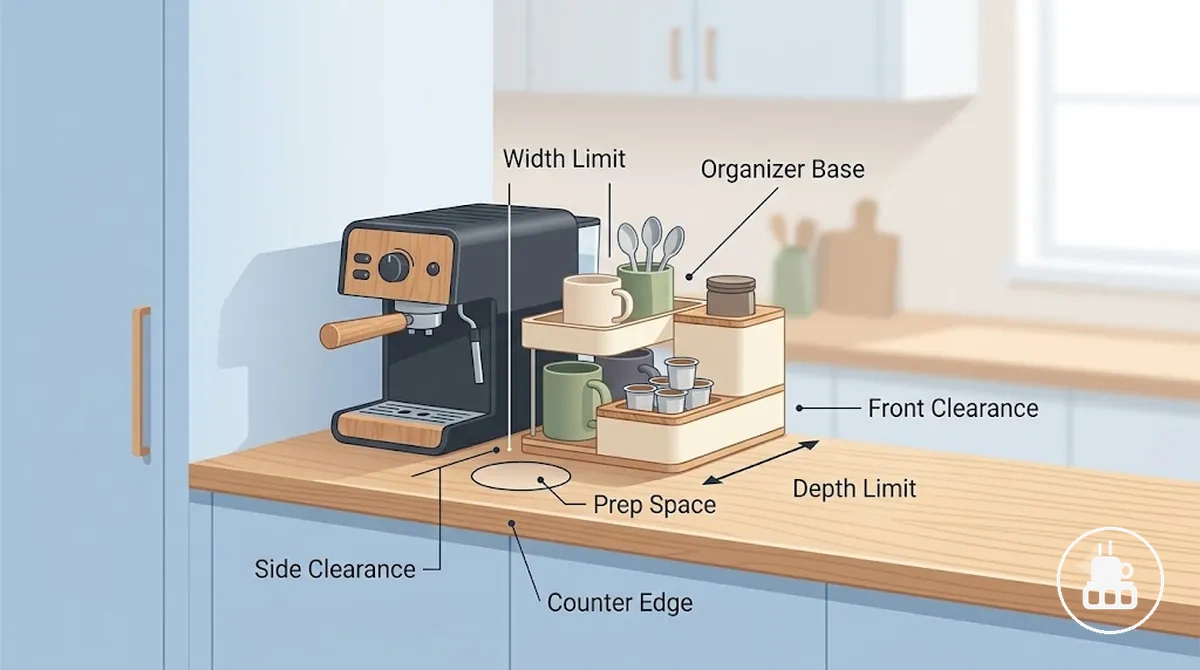 Organiseur pour coin café montrant le nombre de compartiments et l espace de rangement utilisable pour les accessoires à café.
