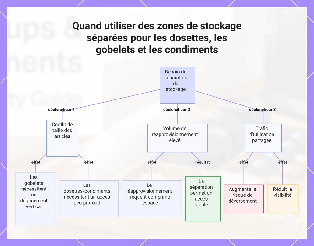 Quand utiliser des zones de stockage séparées pour les dosettes, les gobelets et les condiments