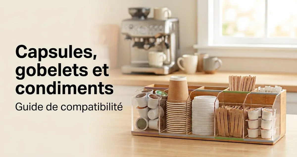 Organiseur pour coin café avec capsules, gobelets jetables, couvercles, agitateurs, édulcorants et condiments