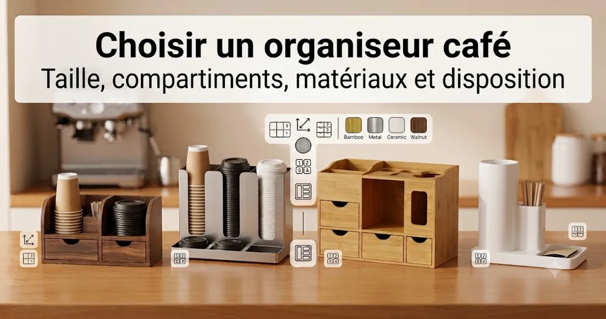 Options d’organiseurs pour coin café comparées selon la taille, les compartiments, les matériaux et la disposition sur le plan de travail