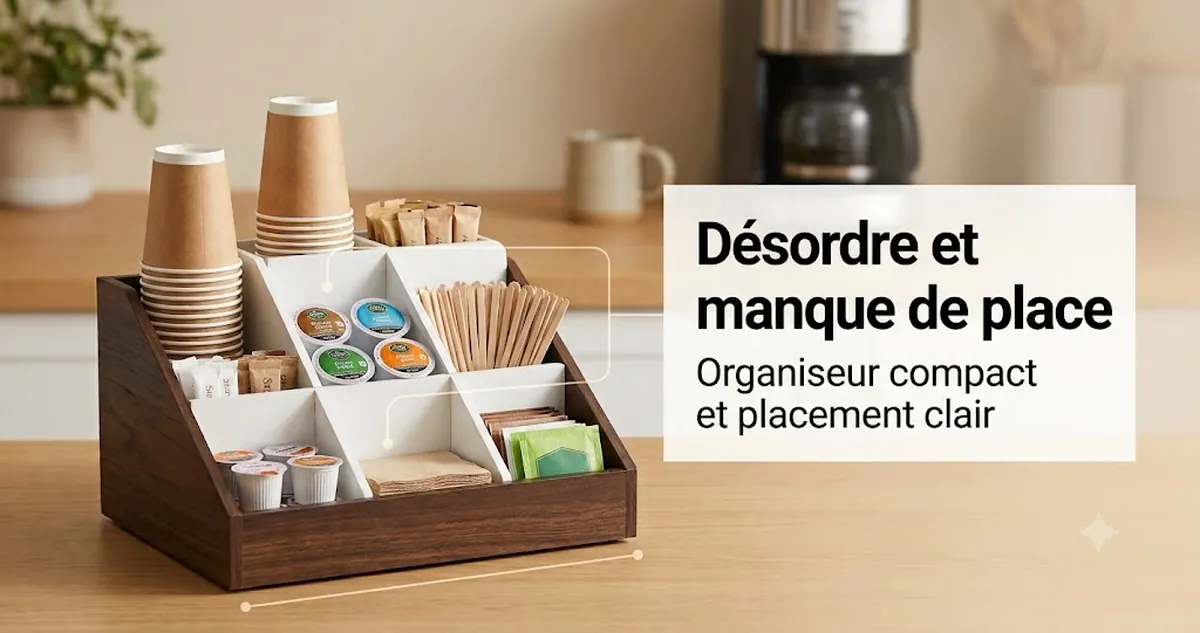Coin café désordonné amélioré avec un organiseur compact, des compartiments et un meilleur placement des accessoires