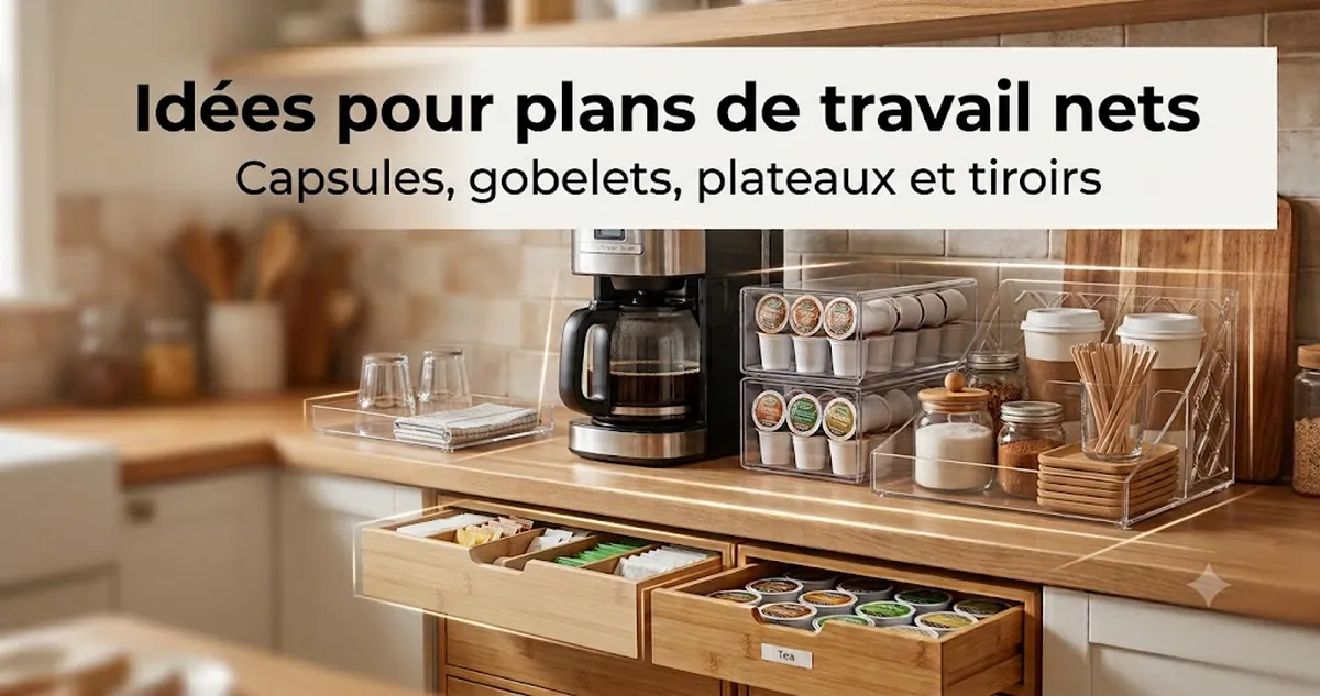 Idées de coin café avec plan de travail net grâce à des organiseurs pour capsules, gobelets, plateaux, tiroirs et condiments