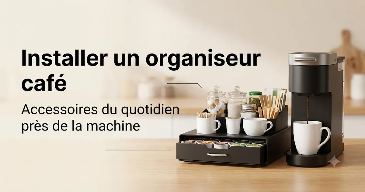 Organiseur pour coin café installé près d’une machine à café avec capsules, gobelets, condiments et accessoires du quotidien