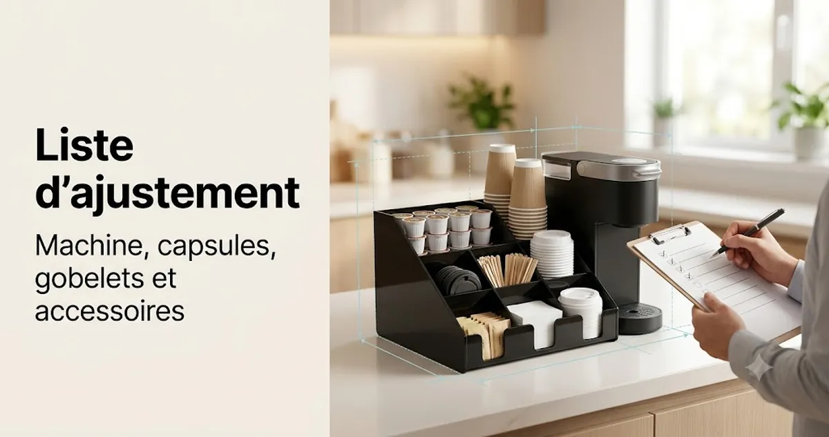 Organiseur pour coin café vérifié avec la zone de machine à café, les capsules, les gobelets, les couvercles et les accessoires