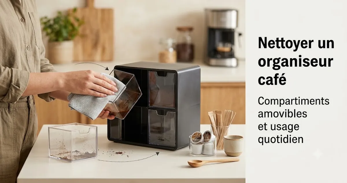 Organiseur pour coin café avec compartiments amovibles en cours de nettoyage et de remise en place pour un usage quotidien