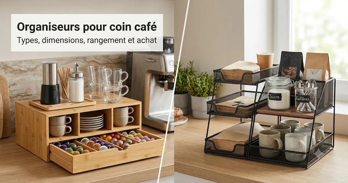 Organiseurs pour coin café disposés sur un plan de travail avec tiroirs, plateaux, compartiments, gobelets, capsules et condiments