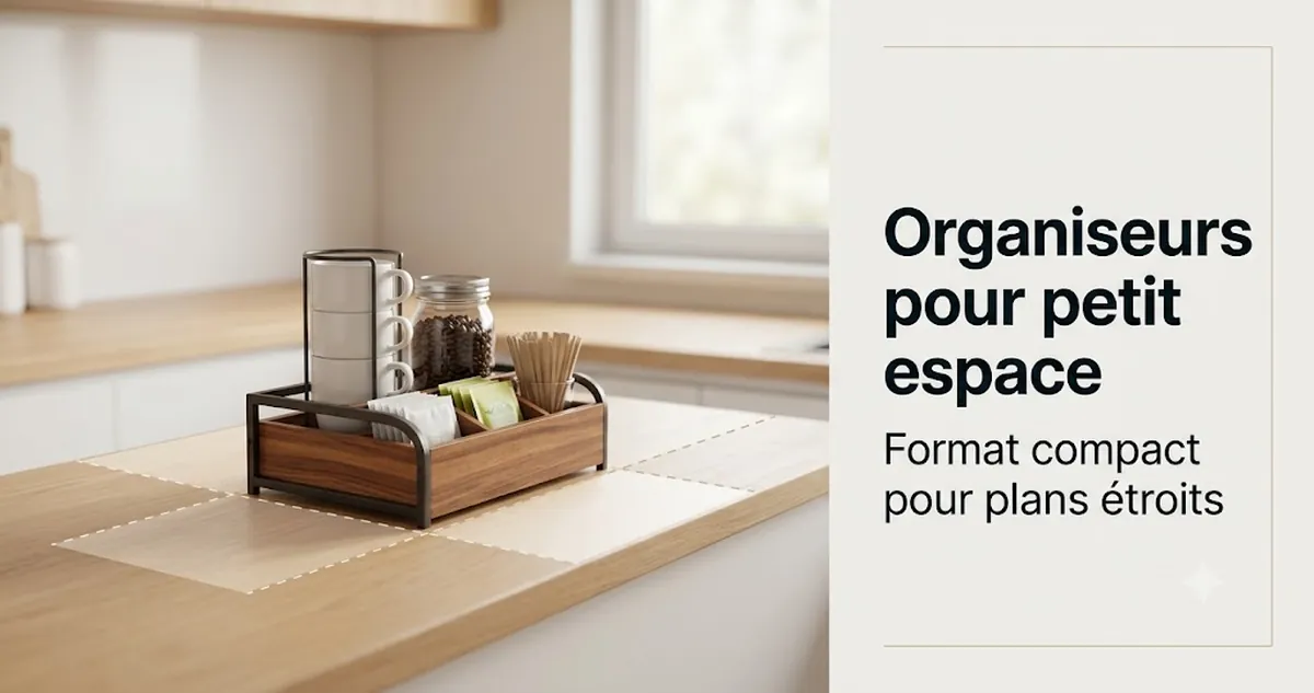 Organiseur compact pour coin café sur un plan de travail étroit avec accessoires empilés et faible encombrement