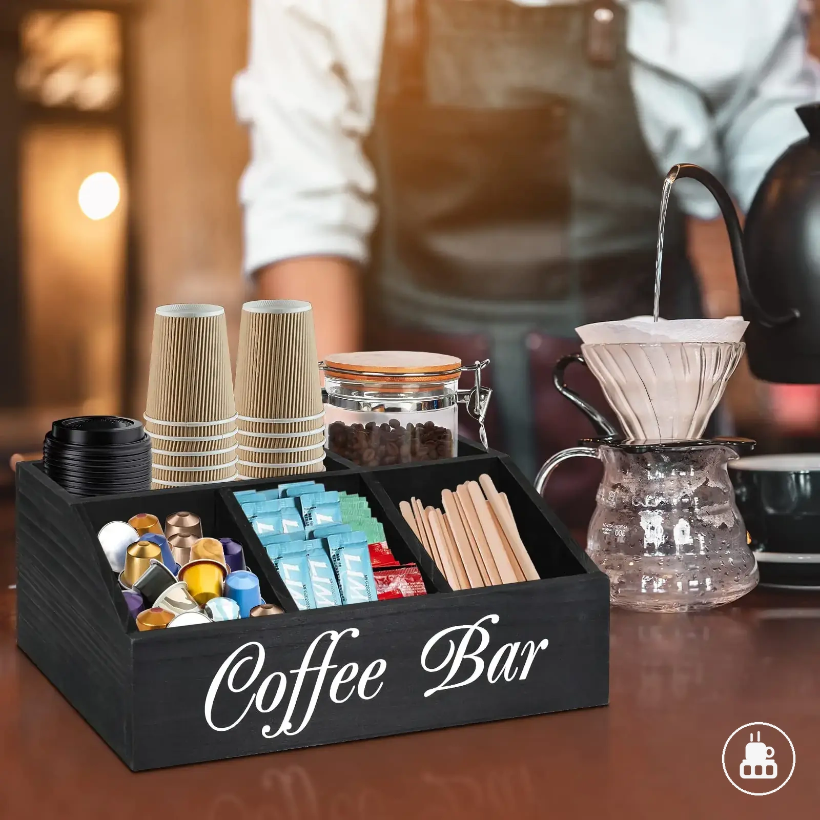 Cesta de madeira para acessórios de estação de café na bancada
