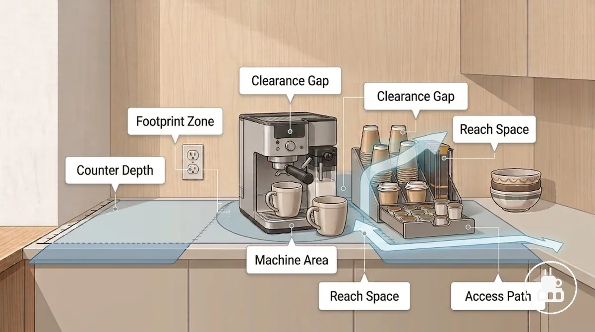 Diagrama mostrando a área ocupada, o espaço livre e o alcance na bancada de um organizador compacto para café em uma bancada apertada