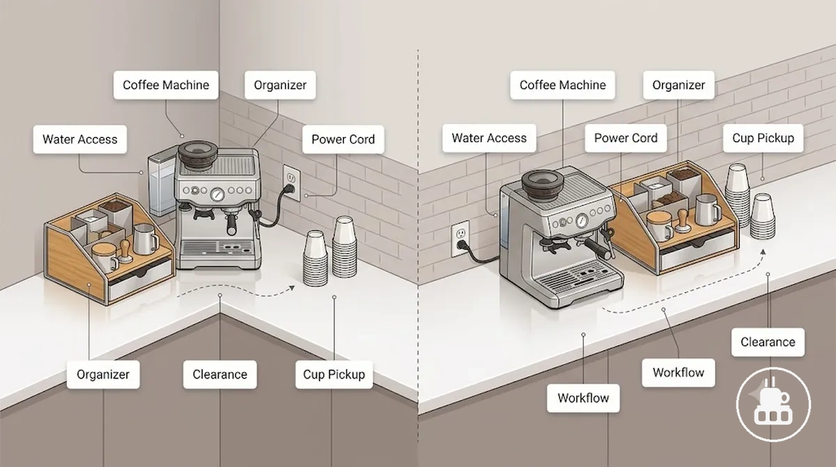 Organizador para estação de café posicionado ao lado de uma máquina de café com espaço livre para reabastecimento de água e retirada de xícaras
