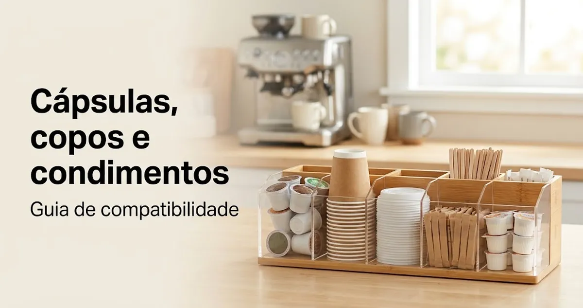 Organizador para estação de café com cápsulas, copos descartáveis, tampas, mexedores, adoçantes e condimentos