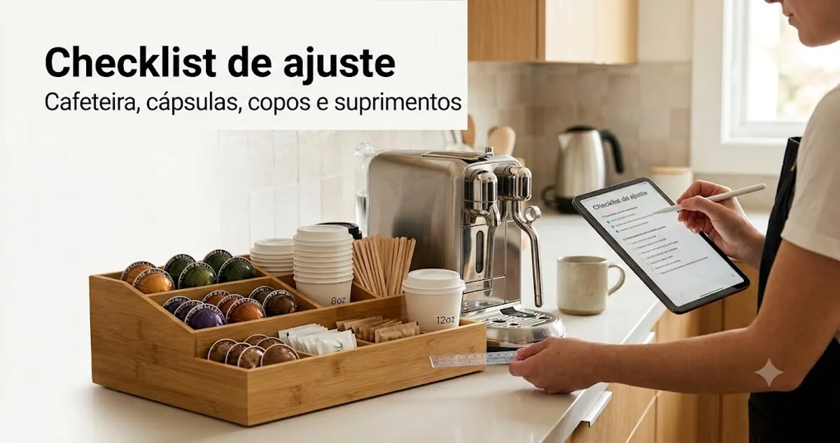 Organizador para estação de café conferido junto à área da cafeteira, cápsulas, copos, tampas e suprimentos