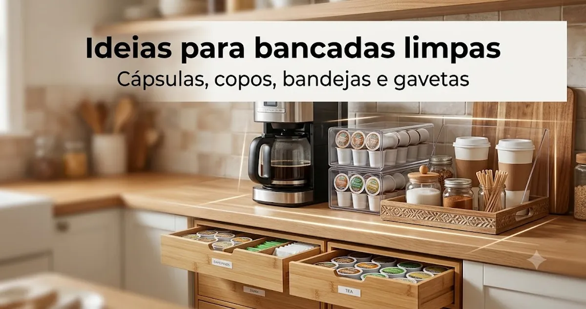 Ideias de estação de café com bancada limpa usando organizadores para cápsulas, copos, bandejas, gavetas e condimentos