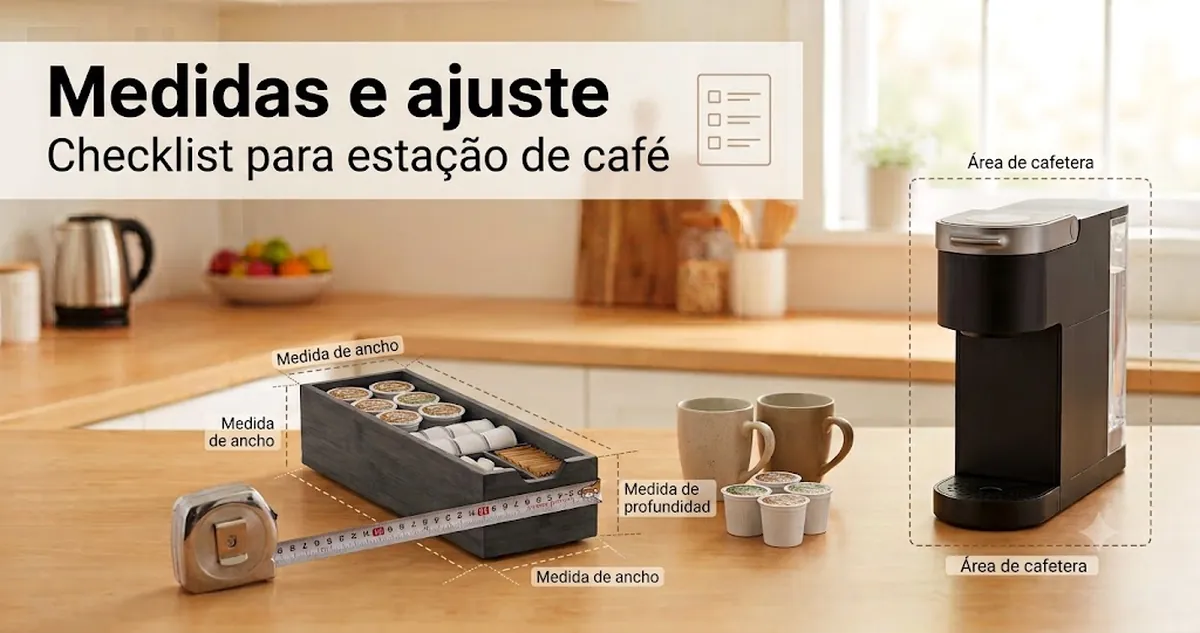 Organizador para estação de café sendo medido para ajuste na bancada ao lado de copos, cápsulas e uma área de cafeteira