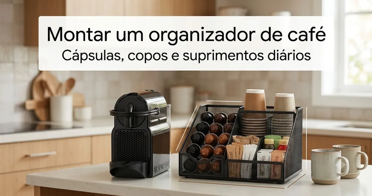 Organizador para estação de café montado ao lado de uma cafeteira com cápsulas, copos, condimentos e suprimentos de uso diário