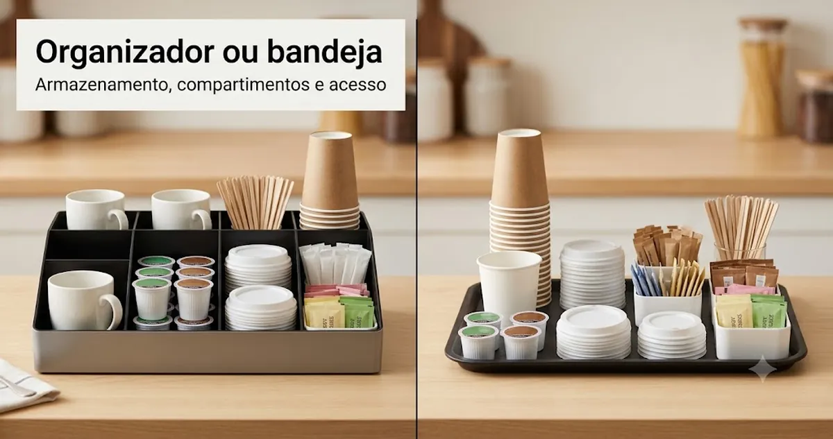 Organizador para estação de café e bandeja comparados para armazenamento na bancada, compartimentos e acesso diário