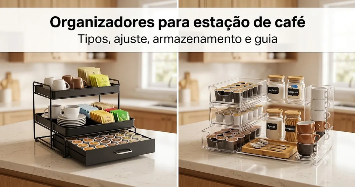 Organizadores para estação de café em uma bancada com gavetas, bandejas, compartimentos, copos, cápsulas e condimentos