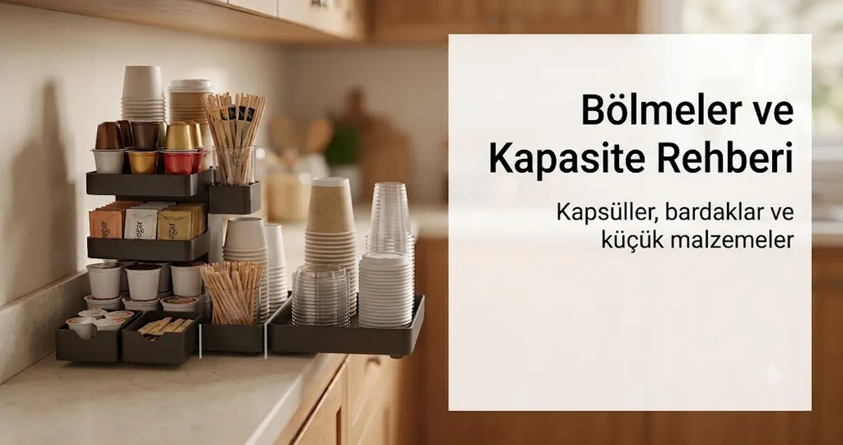 Kapsüller, bardaklar, kapaklar, karıştırıcılar, tatlandırıcılar ve küçük malzemeler içeren kahve istasyonu düzenleyici bölmeleri