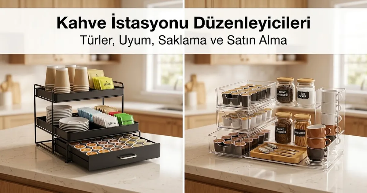 Çekmeceler, tepsiler, bölmeler, bardaklar, kapsüller ve çeşnilerle tezgâhta yer alan kahve istasyonu düzenleyicileri