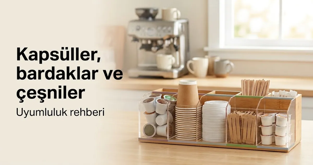 Kapsüller, tek kullanımlık bardaklar, kapaklar, karıştırıcılar, tatlandırıcılar ve çeşniler saklayan kahve istasyonu düzenleyicisi