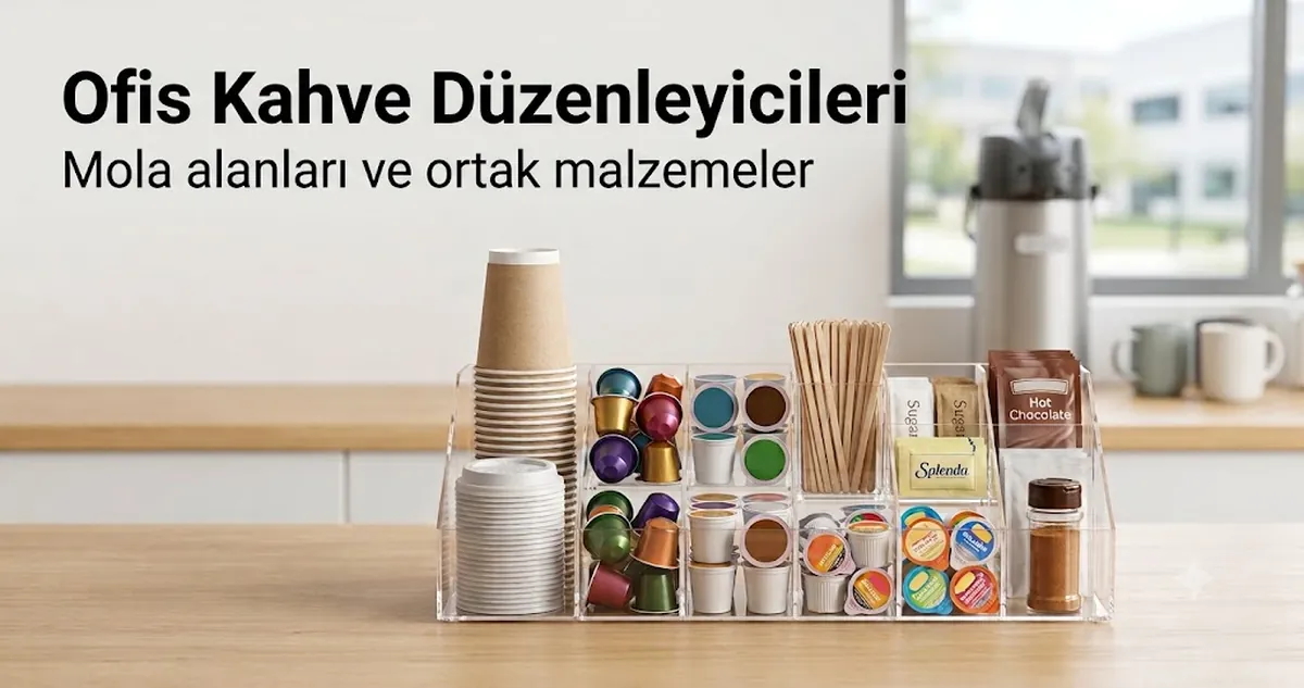 Bardaklar, kapaklar, kapsüller, karıştırıcılar ve ortak kullanılan çeşnilerle ofis mola alanındaki kahve istasyonu düzenleyicisi