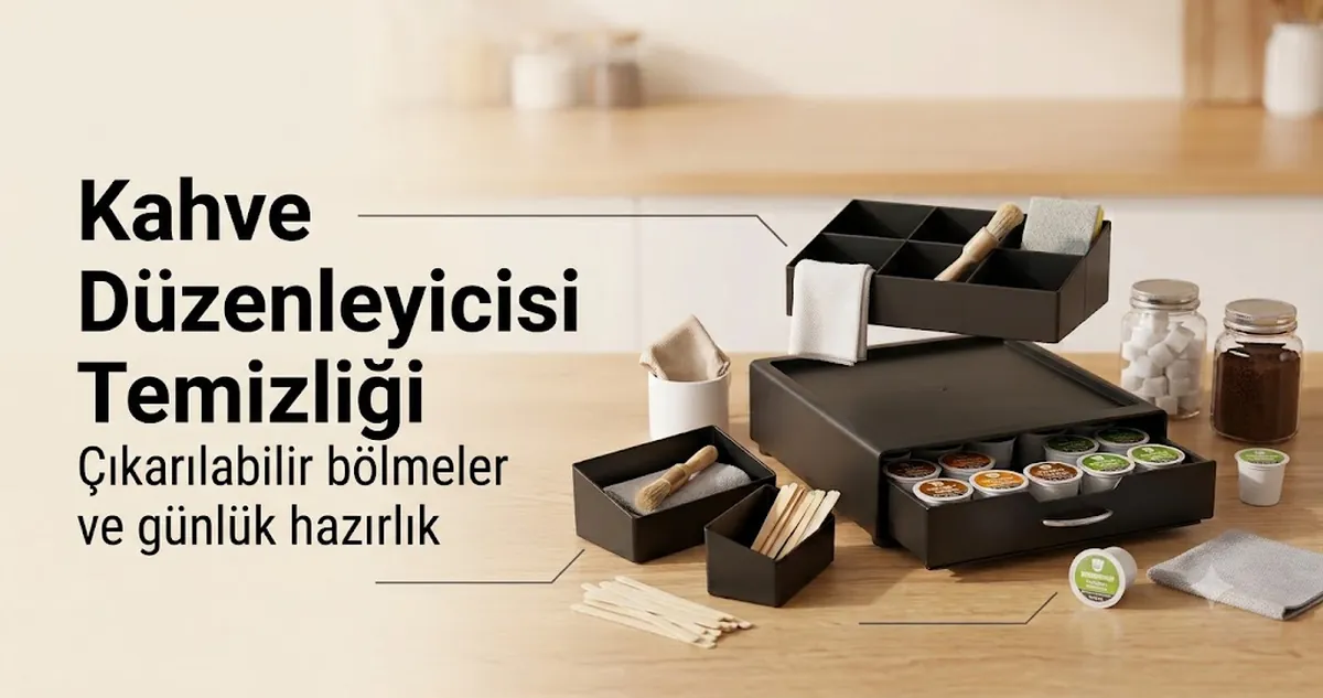 Çıkarılabilir bölmeleri temizlenen ve günlük kullanım için yeniden hazırlanan kahve istasyonu düzenleyicisi