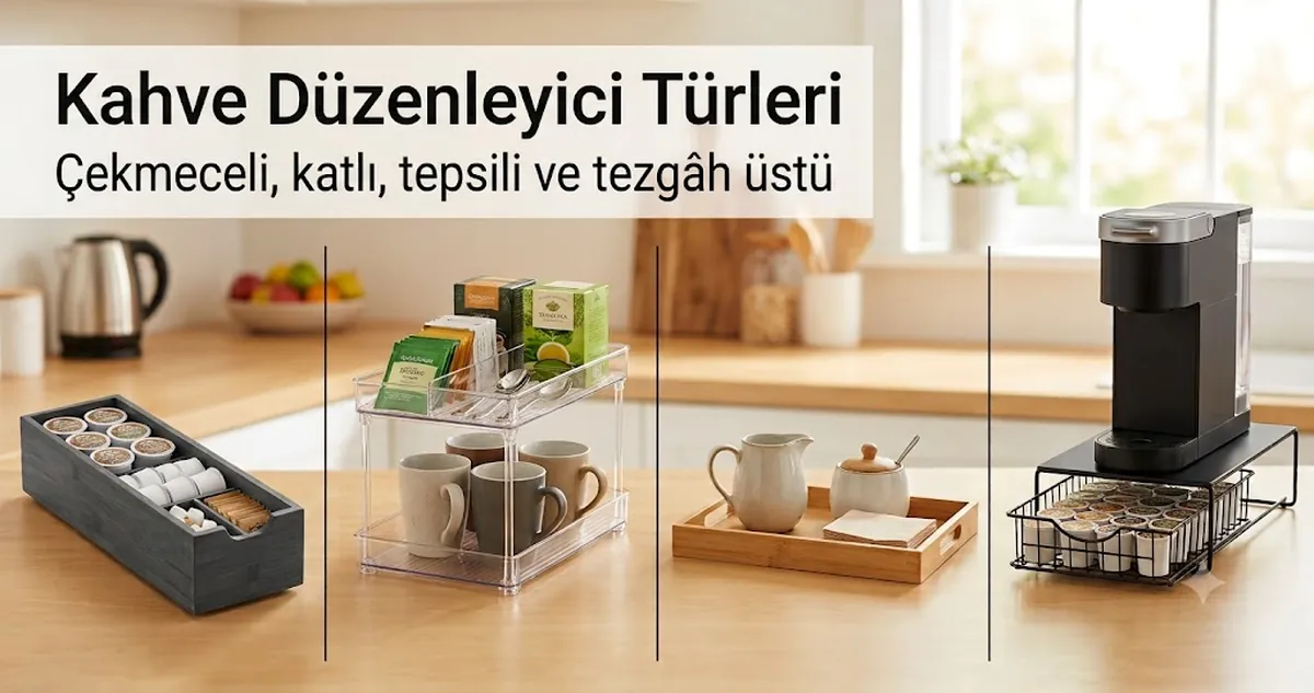Çekmeceli, katlı, tepsili ve tezgâh üstü modeller dâhil farklı kahve istasyonu düzenleyici türleri