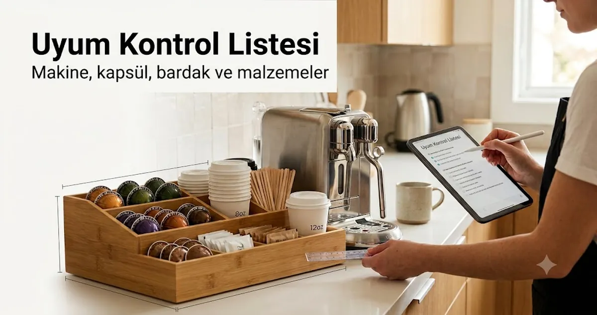Kahve makinesi alanı, kapsüller, bardaklar, kapaklar ve malzemelerle uyumu kontrol edilen kahve istasyonu düzenleyicisi